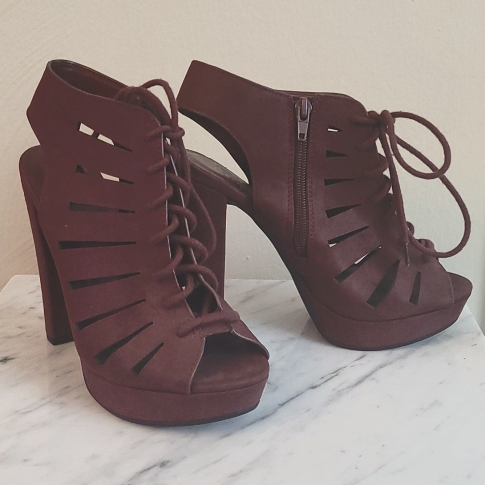 Maroon lace-up cut-out booties